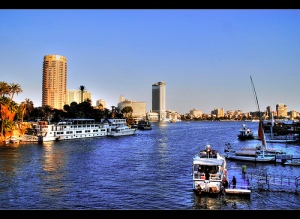 South view of Cairo, with the Nile River running through the city. 